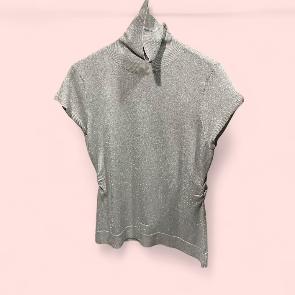 Cute sparkle metallic cap sleeve silk blend knit ruched sides turtleneck sweater